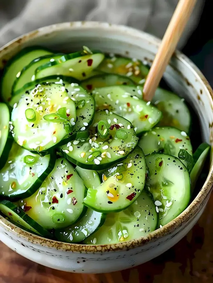 Asiatischer Gurkensalat mit frischen Zutaten und würziger Sauce