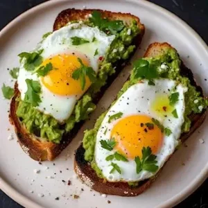 Leckeres Avocado-Toast mit Eiern auf einem Teller serviert.
