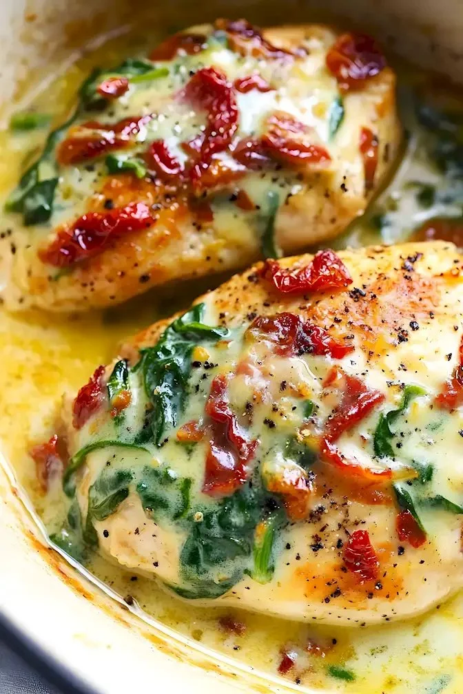 Backhähnchenbrust mit Rahmspinat auf einem Teller serviert