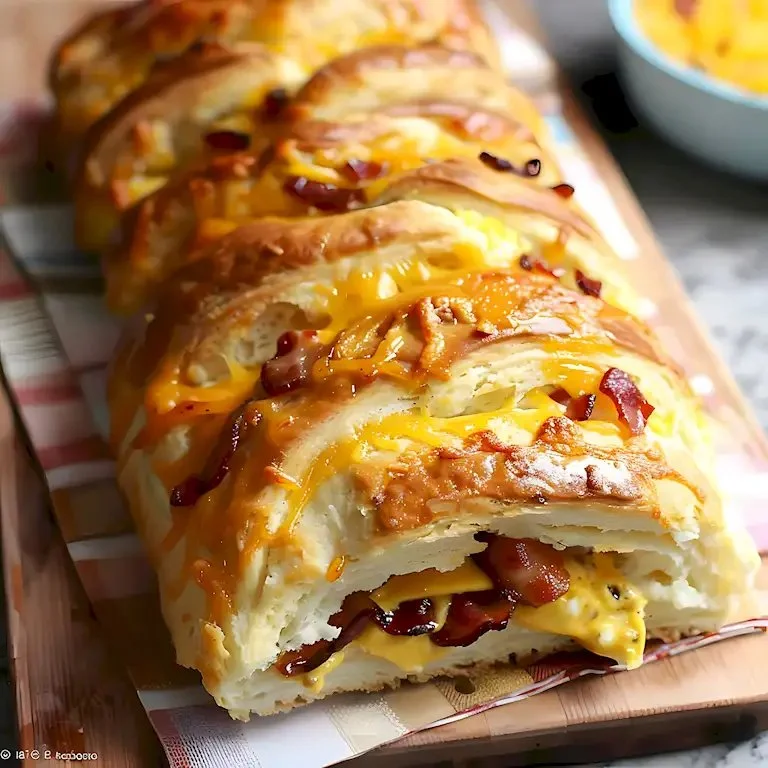 Bacon, Ei und Käse auf einem frisch gebackenen Biscuit Zopf