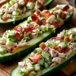 Bacon-Ranch-Hühnchensalat serviert auf Gurkenbooten, ein erfrischendes Gericht.