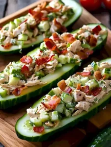 Bacon-Ranch-Hühnchensalat serviert auf Gurkenbooten, ein erfrischendes Gericht.