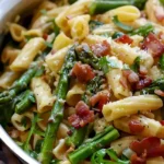 Bacon Spargel Cajun Pasta serviert in einer eleganten Schüssel
