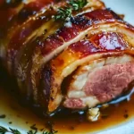 Bacon-Umwickeltes Schweinelende mit Ahornsirup Glasur auf einem Teller