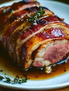 Bacon-Umwickeltes Schweinelende mit Ahornsirup Glasur auf einem Teller