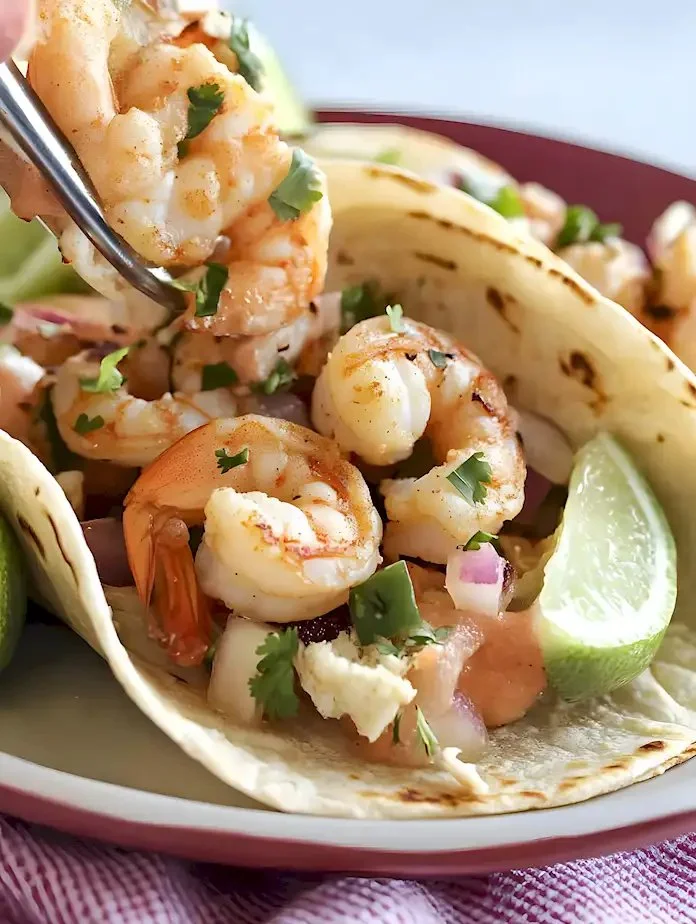 Köstliche Baja-Garnelen-Tacos mit frischen Zutaten und Salsa.