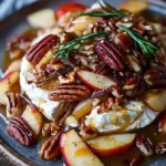 Baked Brie mit karamellisierten Äpfeln und Pekannüssen auf einem Servierteller