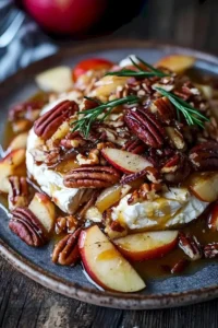 Baked Brie mit karamellisierten Äpfeln und Pekannüssen auf einem Servierteller