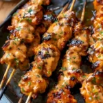 Bang Bang Hähnchen-Spieße auf einem Grill serviert