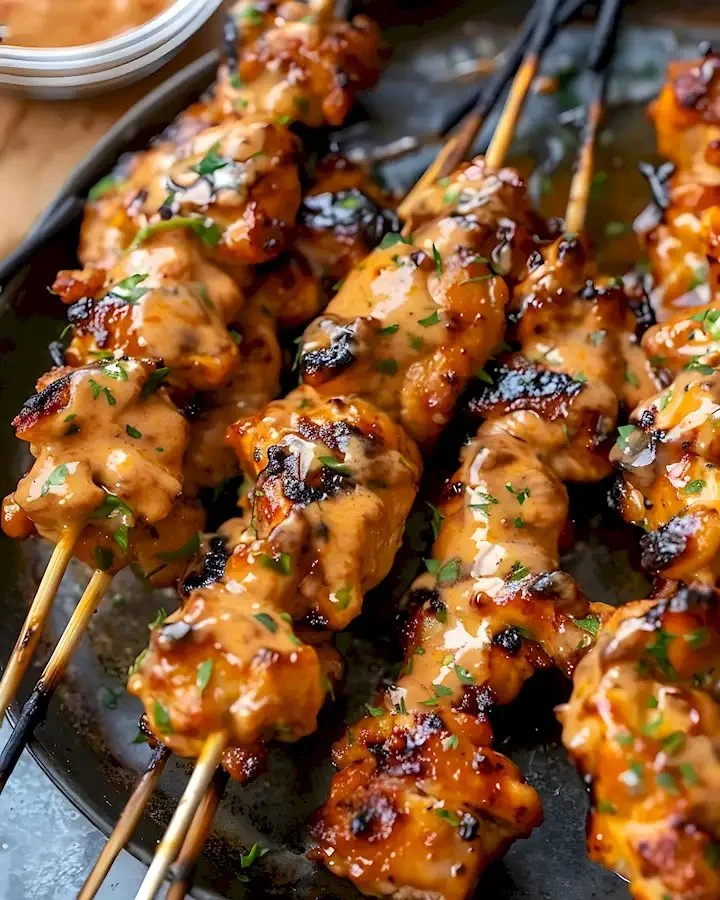 Bang Bang Hähnchen-Spieße auf einem Grill serviert