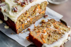 Saftiger Karottenkuchen mit Frischkäse-Frosting auf einem Teller