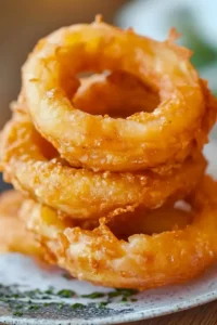 Knusprige bier-batterte Zwiebelringe auf einem Teller serviert.
