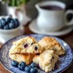 Frisch gebackene Blaubeerscones auf einem Holzbrett, ideal zum Frühstück.