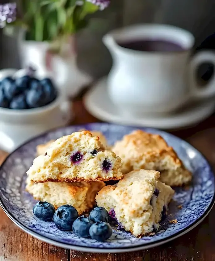 Frisch gebackene Blaubeerscones auf einem Holzbrett, ideal zum Frühstück.