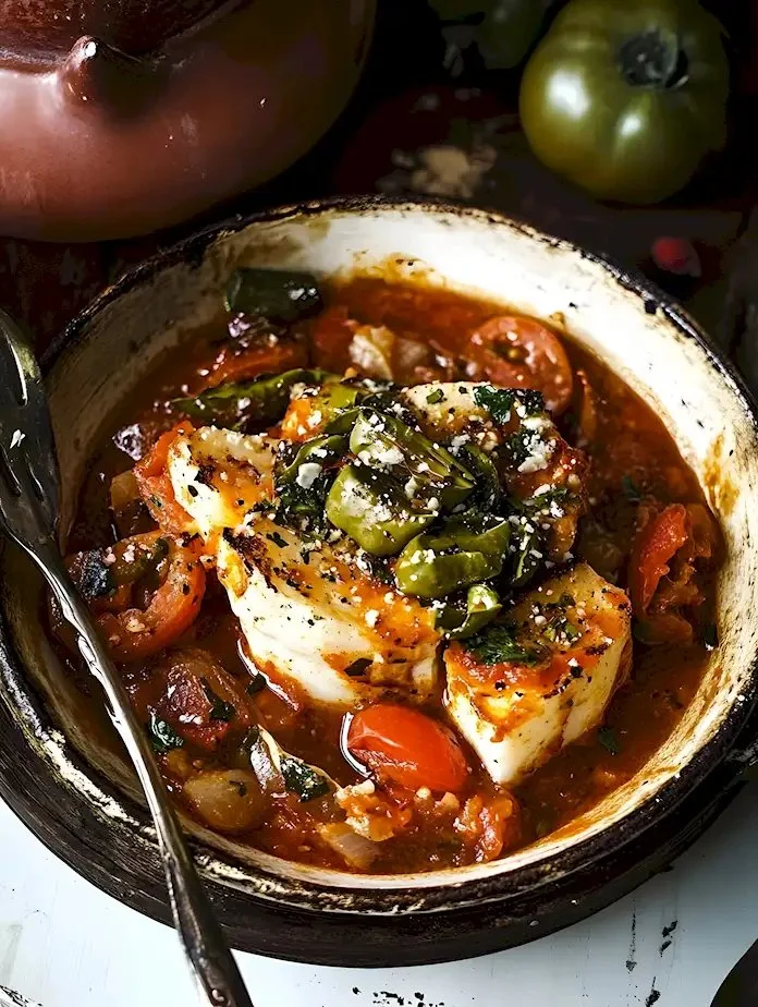 Traditionelles Bouyiourdi Gericht mit frischen Zutaten und würziger Soße