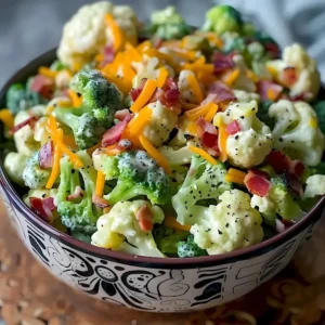 Brokkoli Blumenkohl Salat mit Cheddar und Speck in einer Schüssel