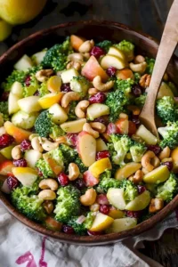 Brokkoli-Cashew-Salat mit Äpfeln, Birnen und Cranberries auf einem Teller