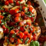 Bruschetta Hähnchen mit frischen Tomaten und Kräutern auf einem Teller.