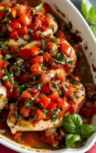 Bruschetta Hähnchen mit frischen Tomaten und Kräutern auf einem Teller.