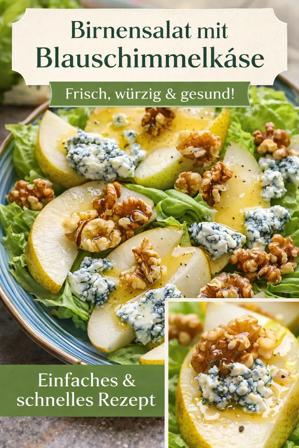 Ein raffinierter Birnensalat – schnell, einfach und gesund! - Entdecke das perfekte Rezept für einen eleganten Birnensalat, der in nur wenigen Minuten zubereitet ist! Mit frischen Birnen, cremigem Blauschimmelkäse und knackigen Walnüssen zauberst du ein Gericht, das jeder lieben wird. Ideal für ein schnelles Abendessen oder als besondere Beilage. Probiere es aus und verwöhne deine Gäste! Teile deine Kreation mit uns! #Salat #Birnensalat #EinfachKochen