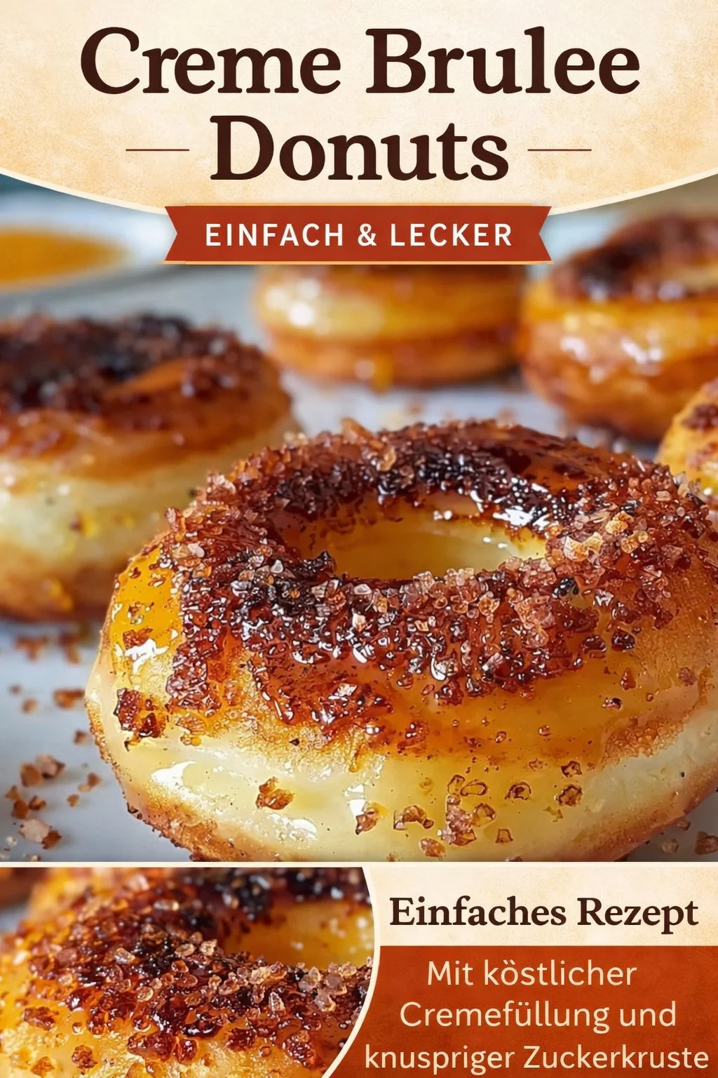 Entdecke die unwiderstehlichen Crème Brûlée Donuts für süße Augenblicke! - Hast du Lust auf einen süßen Genuss? Probiere diese Crème Brûlée Donuts mit weich-fluffigem Teig und einer köstlichen Vanille-Puddingsfüllung. Die crunchy Karamellkruste macht sie zu einem echten Highlight! Perfekt für einen besonderen Anlass oder einfach so. Wage es, sie selbst zu machen - du wirst begeistert sein! #Backen #Donuts #Süßigkeiten