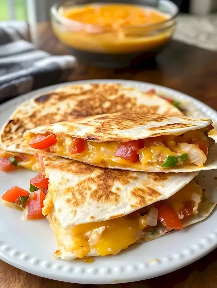 Leckere Frühstücks-Quesadillas mit Eiern und Gemüse auf einem Teller