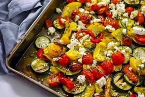 Gebackenes Feta-Gemüse mit frischem Gemüse und Feta Käse im Ofen zubereitet