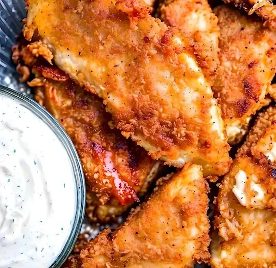 Gebackenes KFC-Huhn serviert auf einem Teller mit Beilagen.