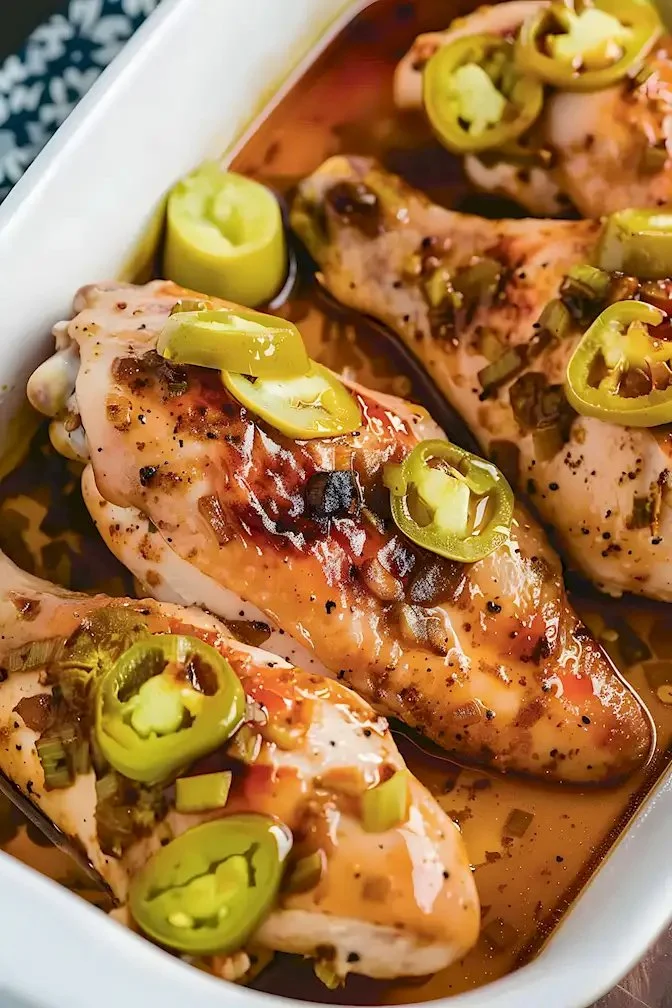 Gebackenes Mississippi-Hühnchen auf einem Teller, serviert mit Beilagen.