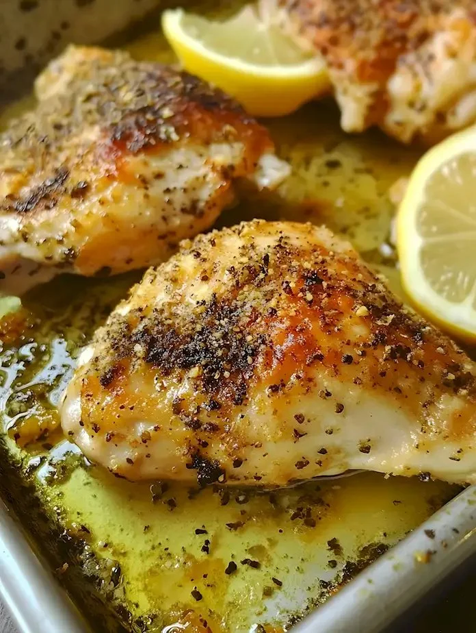 Zitronenpfeffer-Hähnchen auf einem Teller, perfekt gebacken und gewürzt.