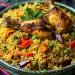 Gebratene Hähnchen und Reis in einem Topf zubereitet