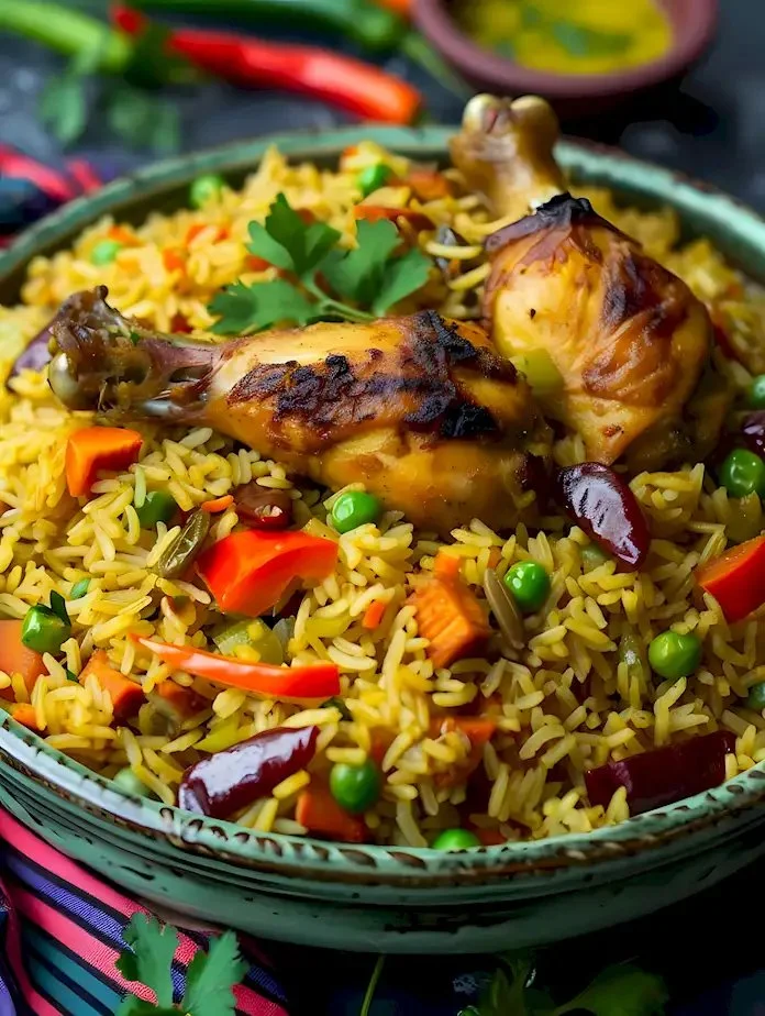 Gebratene Hähnchen und Reis in einem Topf zubereitet