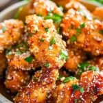 Gebratenes Honig-Knoblauch-Hühnchen auf einem Teller serviert