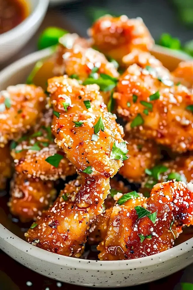 Gebratenes Honig-Knoblauch-Hühnchen auf einem Teller serviert