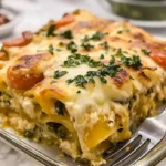 Leckere Gemüse-Lasagne mit Weißsauce auf einem Teller serviert.