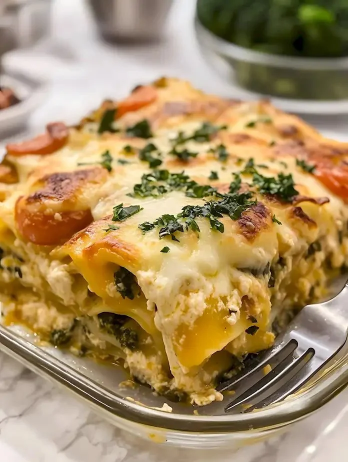 Leckere Gemüse-Lasagne mit Weißsauce auf einem Teller serviert.