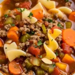 Gemüse-Rindfleisch-Nudelsuppe in einer Schüssel mit frischem Gemüse und Nudeln