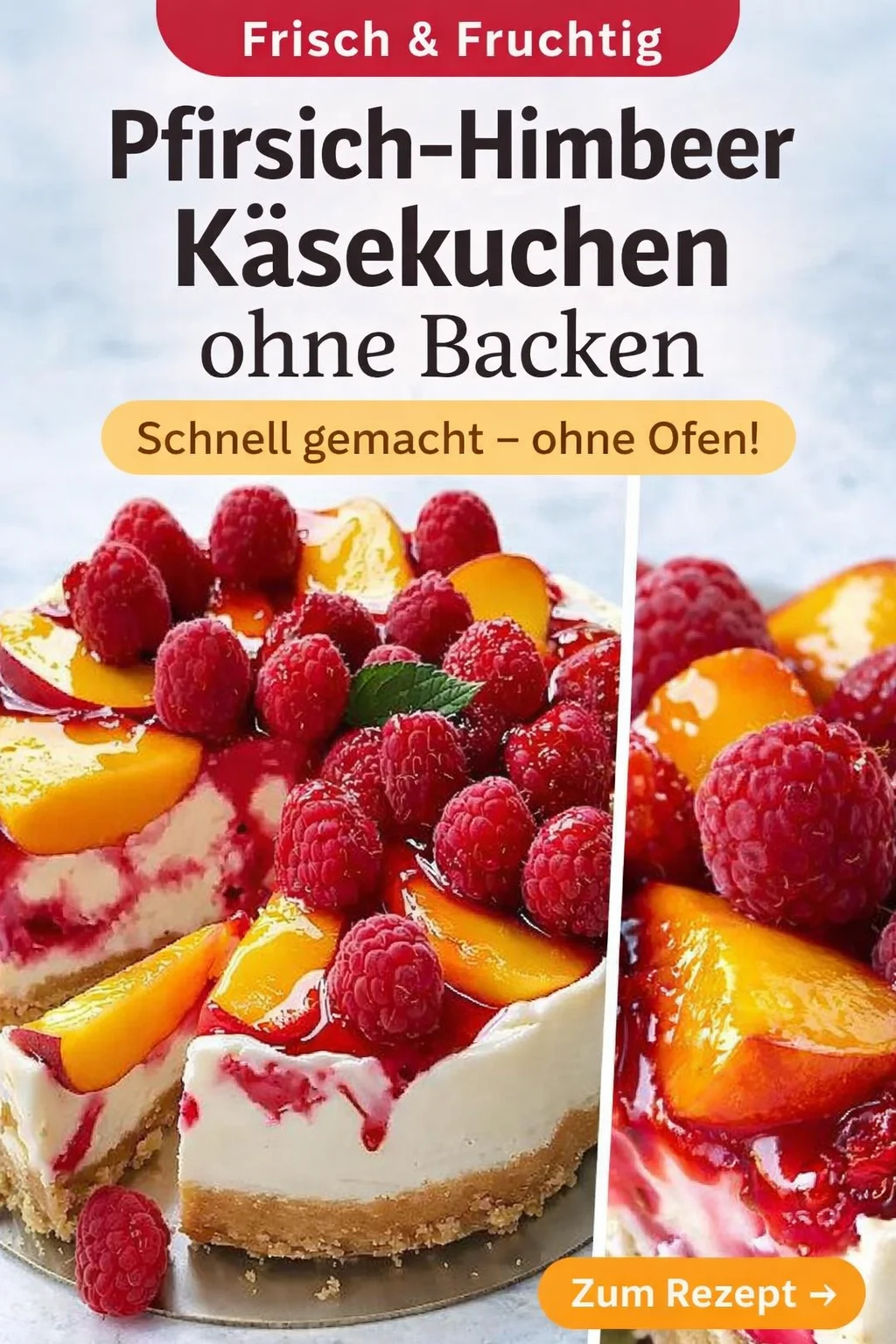 Genieße den Sommer mit meinem himmlischen Pfirsich Himbeer Käsekuchen - Bist du bereit für ein Sommer-Dessert, das deine Geschmacksknospen verwöhnt? Mein Pfirsich Himbeer Käsekuchen ist cremig, fruchtig und einfach zuzubereiten. Perfekt für einen besonderen Anlass oder einfach als süße Belohnung. Probiere es jetzt aus und verbreite den Genuss! Teile dein Ergebnis! #Käsekuchen #SommerDessert #Backen