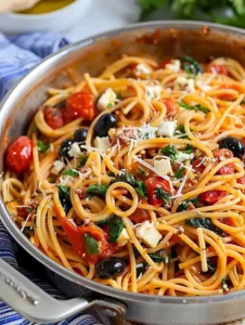 Griechische Spaghetti mit frischen Zutaten und mediterranem Flair