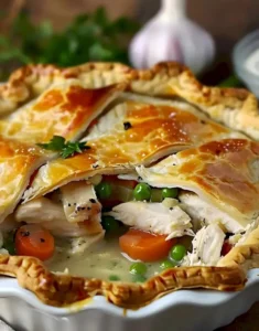 Hähnchentopf-Pie mit zartem Hähnchen und Gemüse im Teigmantel