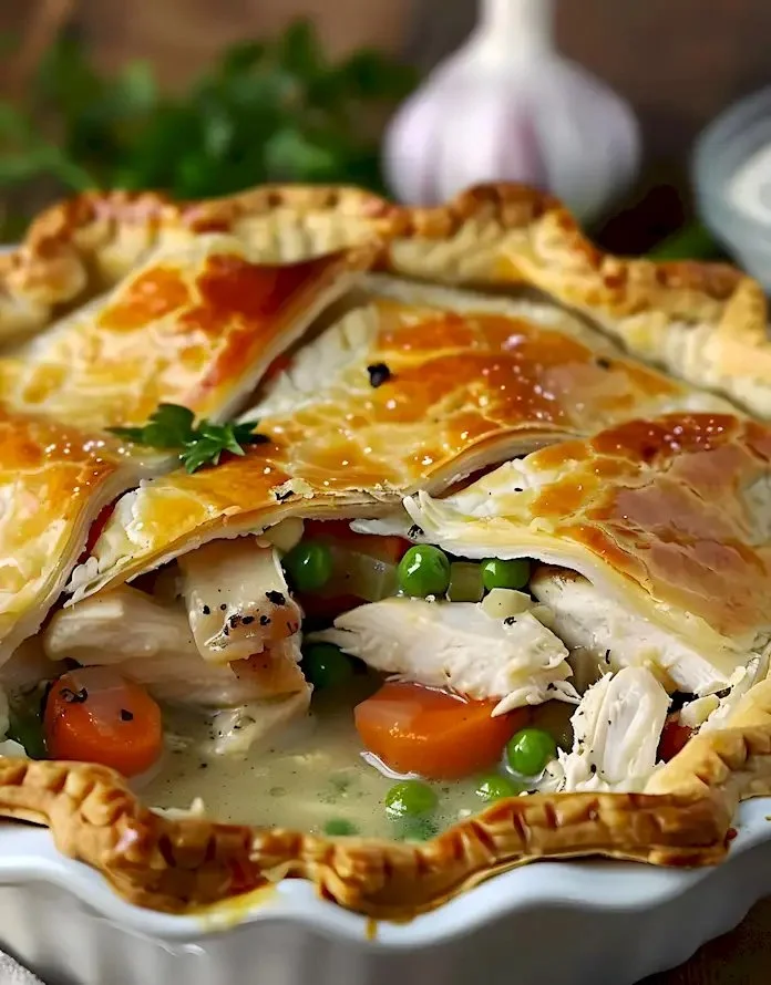 Hähnchentopf-Pie mit zartem Hähnchen und Gemüse im Teigmantel