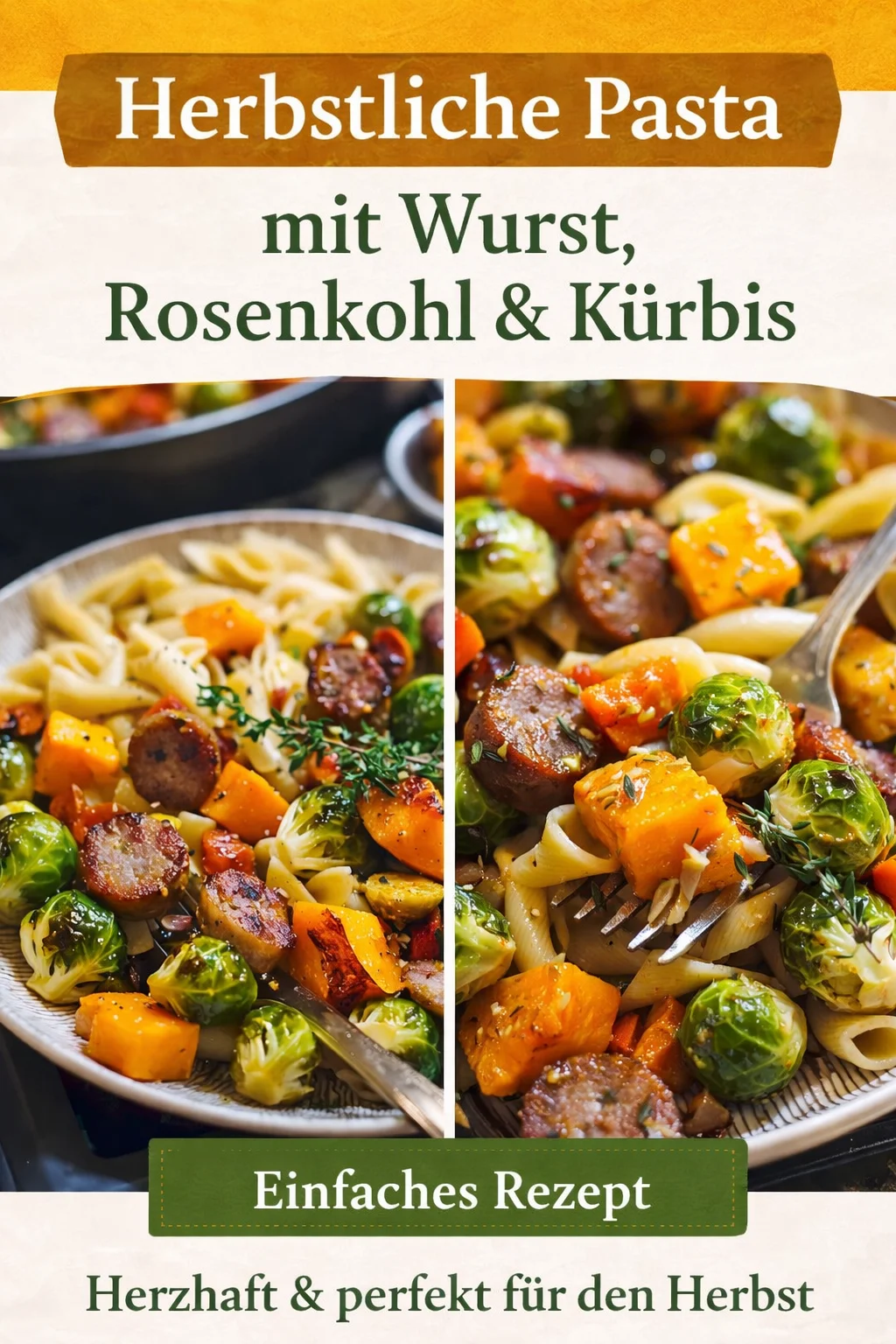 Herbstpasta: Das perfekte Rezept für gemütliche Abende - Mach es dir an kalten Herbstabenden gemütlich mit dieser herzhaften Herbstpasta! Sie vereint den süßen Geschmack von Butternusskürbis und den herzhaften Charakter von Wurst. Schnell und einfach zubereitet, wird sie garantiert zum neuen Lieblingsgericht in deiner Küche. Probiere das Rezept jetzt aus und teile deine Kreationen! #Herbstpasta #Rezeptideen #Kochliebe