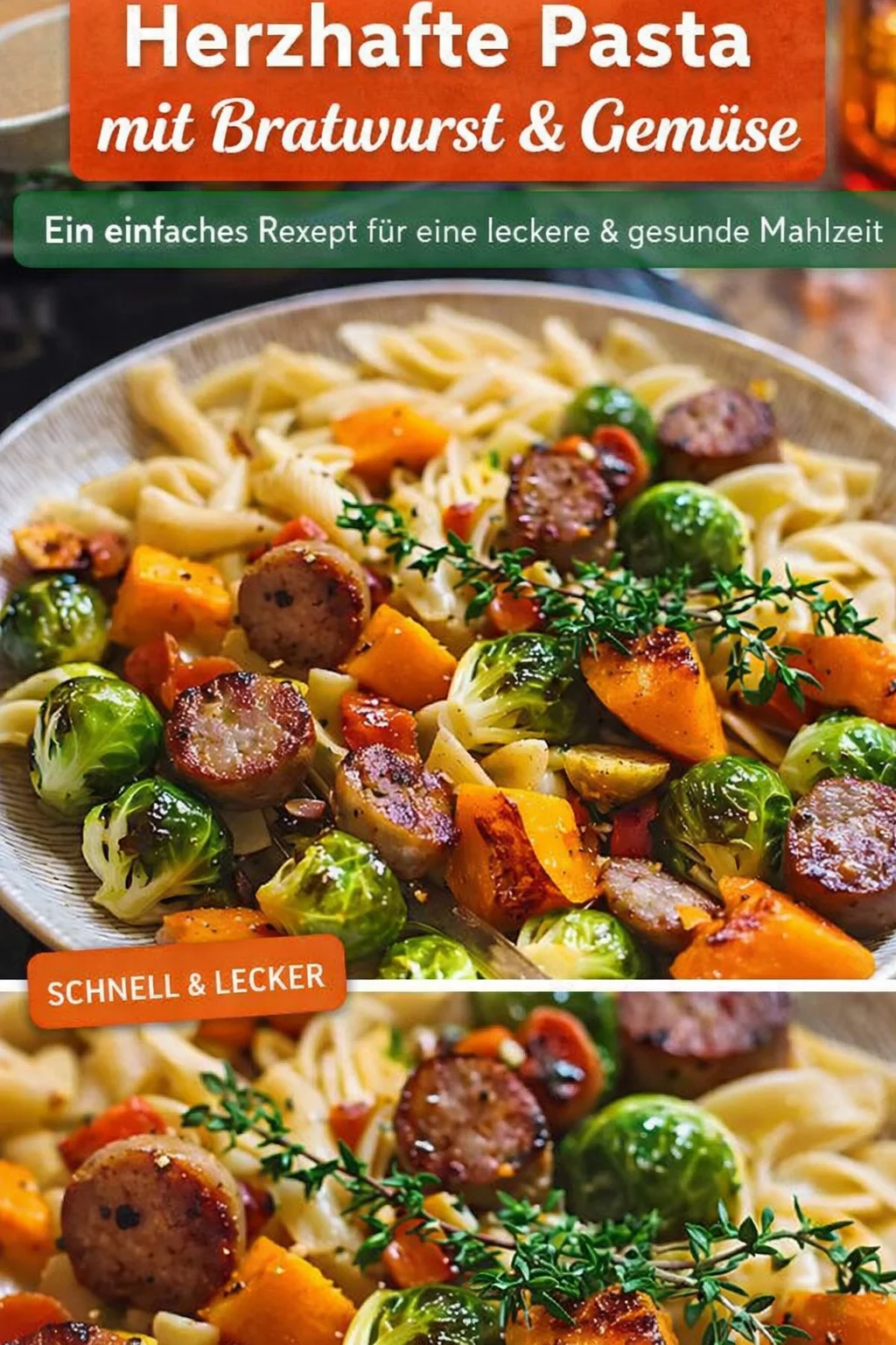 Herbstpasta mit Wurst und Butternut-Kürbis für deine kuscheligen Abende - Lust auf ein herzhaftes Herbstgericht? Diese köstliche Herbstpasta mit Wurst, Rosenkohl und Butternut-Kürbis bringt Wärme und Gemütlichkeit in dein Zuhause. perfekt für Dinner mit Freunden oder für einen kuscheligen Abend alleine. Folge dem Rezept, um das perfekte Gericht zu zaubern, und genieße den einzigartigen Geschmack der Saison! Probiere es aus und teile deine Kreationen! #Herbstpasta #Kusche Essen #PastaRezepte