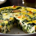 Krustenlose Spinat-Quiche mit Zwiebeln und Feta auf einem Teller angerichtet
