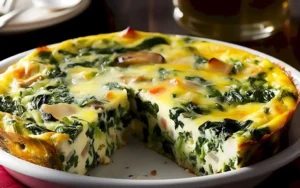 Krustenlose Spinat-Quiche mit Zwiebeln und Feta auf einem Teller angerichtet