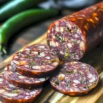 Reh-Jalapeño-Cheddar-Sommerwurst auf einem Holzbrett präsentiert