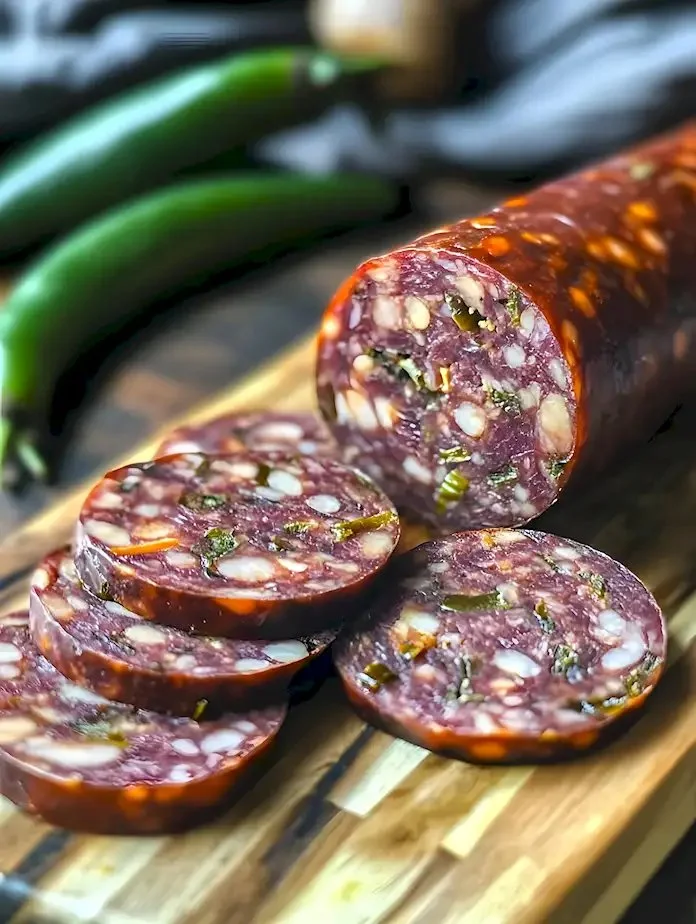 Reh-Jalapeño-Cheddar-Sommerwurst auf einem Holzbrett präsentiert