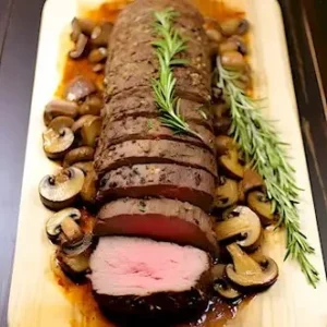 Ein perfekt gebratenes Rinderfilet auf einem Holzbrett serviert.