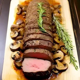 Ein perfekt gebratenes Rinderfilet auf einem Holzbrett serviert.