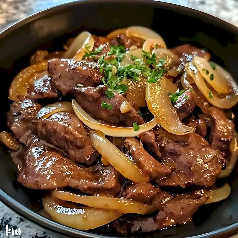 Leckeres Rinderleber-Gericht mit Zwiebeln in der Pfanne zubereitet.